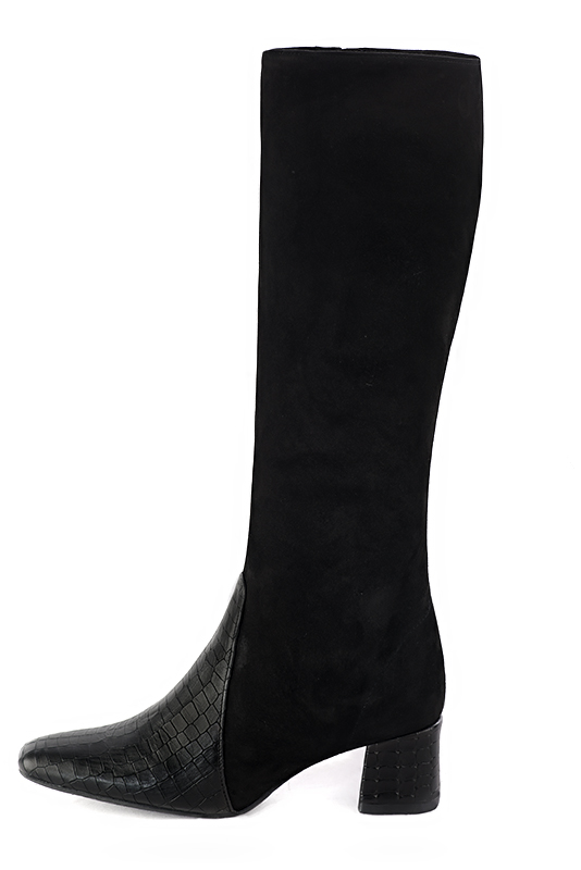 Satin black women's feminine knee-high boots. Square toe. Medium block heels. Made to measure. Profile view - Florence KOOIJMAN